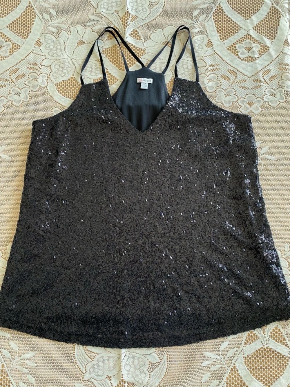 Guess Black Sequin V-Neck Cami Top- Small